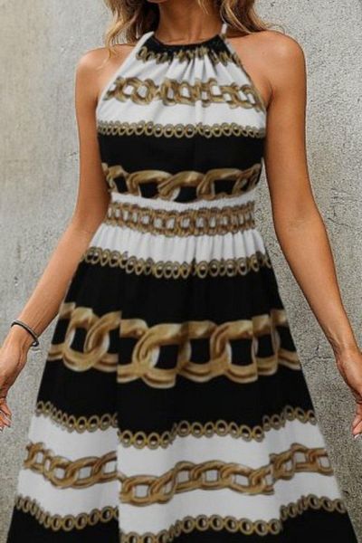 Mossta Halter Neckline Elastic Waist Digital Print Single Jersey Dress - Chain