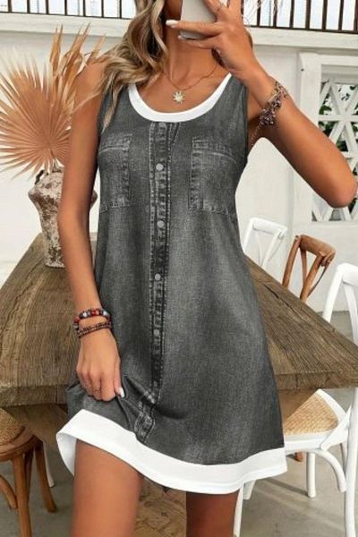 Mossta Sleeveless Denim Look Mini Single Jersey Dress - Gray