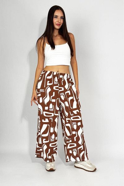 Betimoda Women's Woven Viscose Patterned Loose Cut Oversize Palazzo Trousers Brown