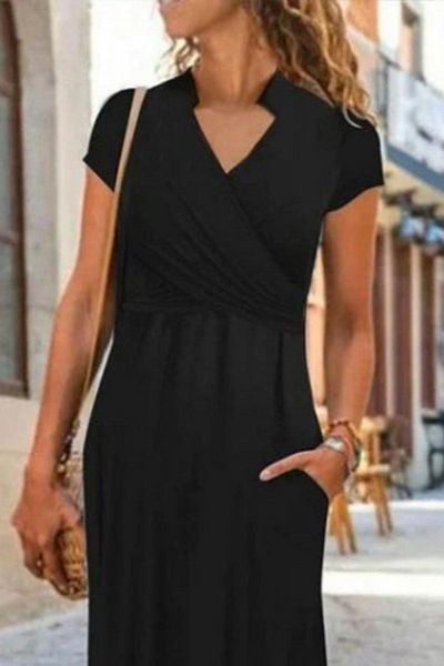 Mossta Judge Collar Pocket Casual Maxi Viscose Dress - Black