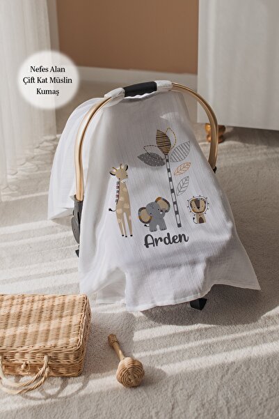 100% Cotton Name Double Layer Muslin Stroller Cover-Giraffe and Friends