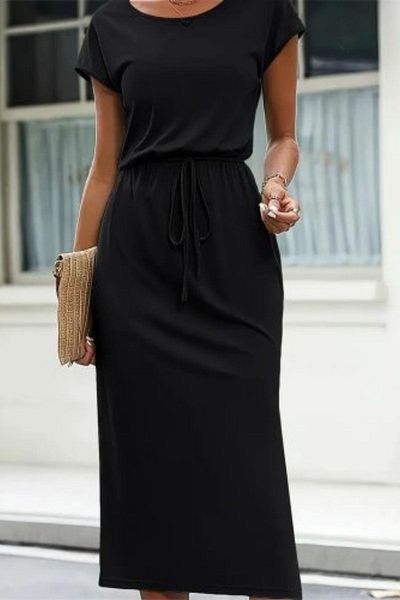 Mossta Boat Neck Tie Detail Midi Viscose Dress - Black