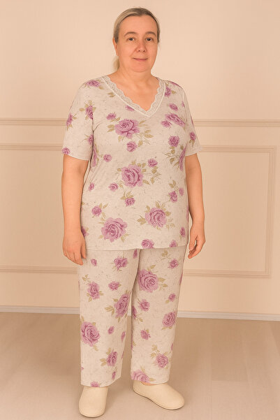 Niket Life Kadın Desenli Dantel Yaka Kısa Kol Altı Uzun Penye Anne Pijama Takım