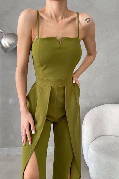 Mossta Thin Strap Strapless V-Neck Slit Jumpsuit - Fat Green