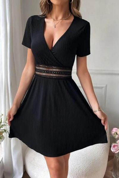 Mossta Double Breasted Collar Lace Detailed Camisole Dress - Black