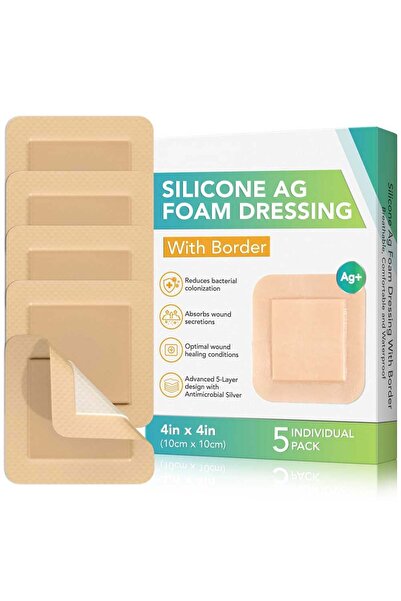 NOVA KISS Set of 5 Silver and Silicone Dressings, Absorbent Foam, with adhesive edge, 10 cm x 10 cm