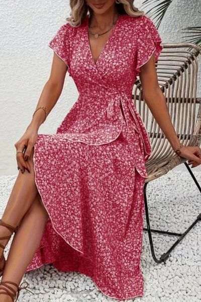Mossta Ruffle Detailed Double Breasted Collar Patterned Single Jersey Dress - Pink
