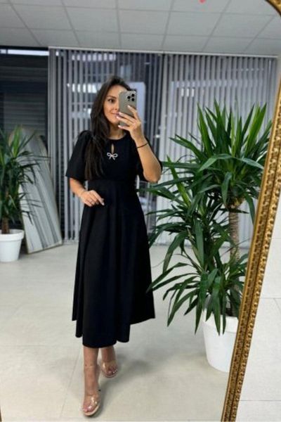 Mossta Balloon Sleeve Brooch Detailed Midi Crepe Dress - Black