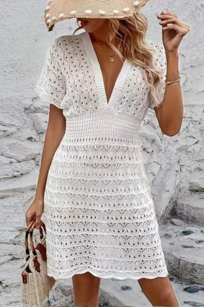 Mossta V-Neck Knit Detailed Knitwear Dress - White