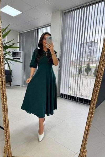 Mossta Balloon Sleeve Brooch Detailed Midi Crepe Dress - Green
