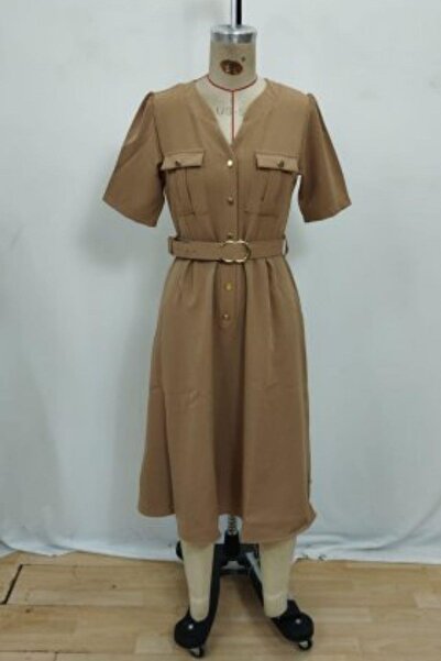 Mossta Φόρεμα Atlas με κοντό μανίκι και λεπτομέρεια με ζώνη με κουμπιά - Καφέ