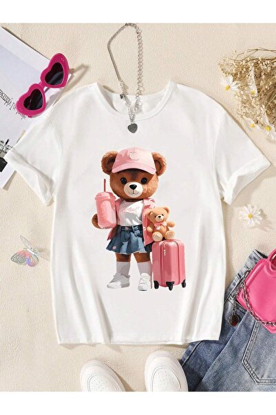 SVART WEAR Tricou alb pentru fetiță tricou cu urs și valiză