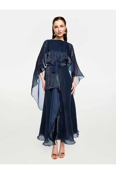 House of Moda By Styli Organza Cape Sleeve Waist Tie-Up Maxi Dress