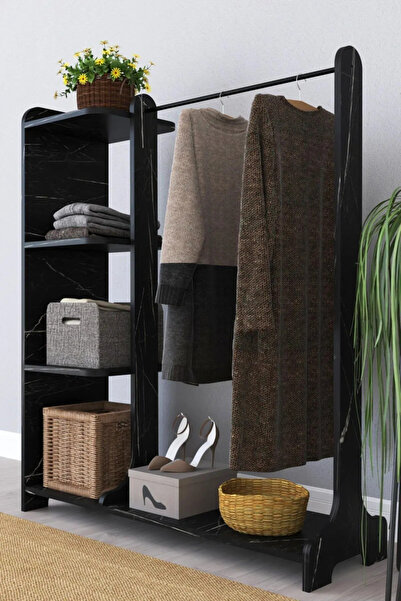 Remaks Tarz Portmanto Ayaklı Elbise Askısı Ve Konfeksiyon Askılık Elbise Dolabı Siyah Mermer Desenli