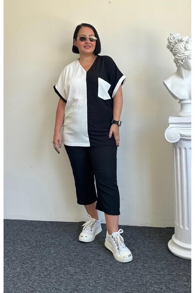 Vio Moda Büyük Beden Block Patterned Large Size Capri Suit