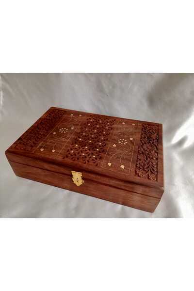 Sarisa İçi Kadife Döşemeli Hediyelik Ahşap Sandığı 30 x 19.5 x 8.5 cm