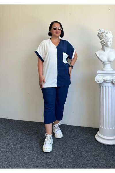 Vio Moda Büyük Beden Block Patterned Large Size Capri Suit
