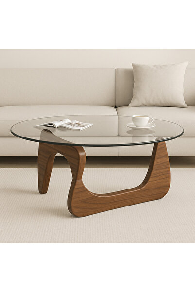 Trihome “Modern Cam Üst Sehpa – Noce Renk Ahşap Ayaklı Tasarım” Şık Cam Orta ...