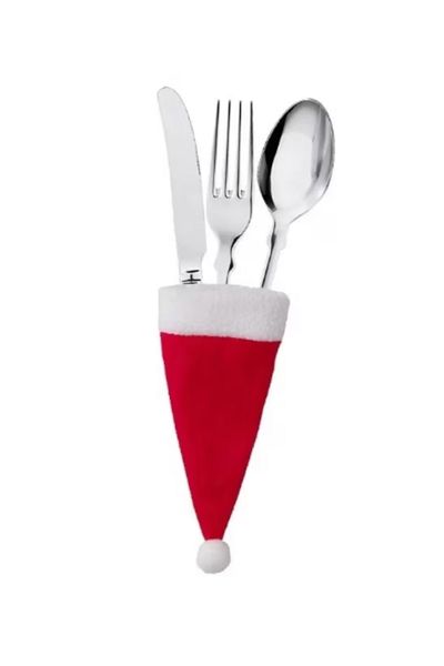 OEM Set of 10 Mini Christmas Hats, for cutlery, white with red, 12 cm