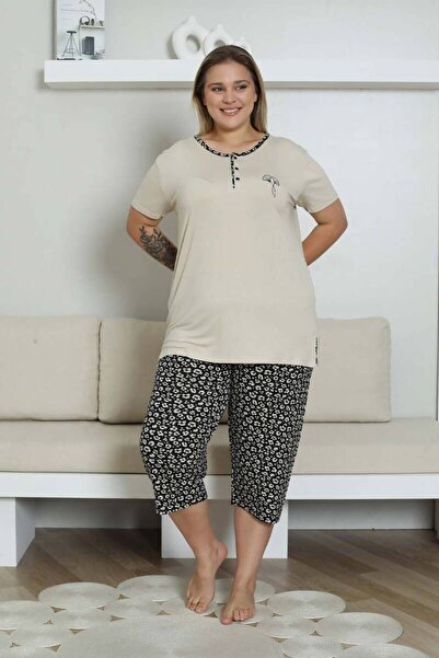 ALİMER Embroidered Women's Pajamas Set - Beige Plus Size Bermuda Short Sleeve Lycra Bamboo Viscose 2857Bb