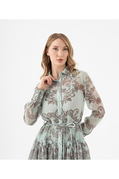 SERPİL Desen Bloklu Gömlek Yaka Kuşaklı Uzun Elbise