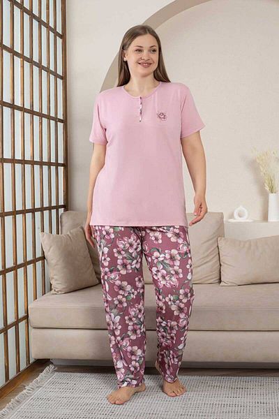ALİMER Plus Size Pajama Set - Dried Rose Flower Pattern Short Sleeve Lycra Combed Cotton 2859Kyb