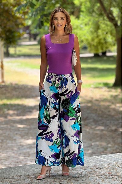Nevin Kaya Moda Italian Purple Dali 100% Cotton Viscose Trousers