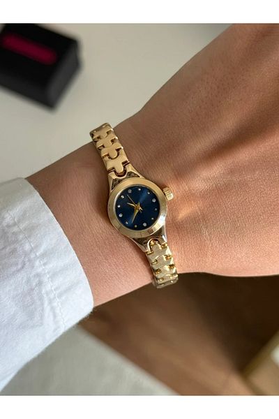RoseandRoses Aste Puzzle Design Cord Minimal Women's Wristwatch Gold (Navy Blue Dial)