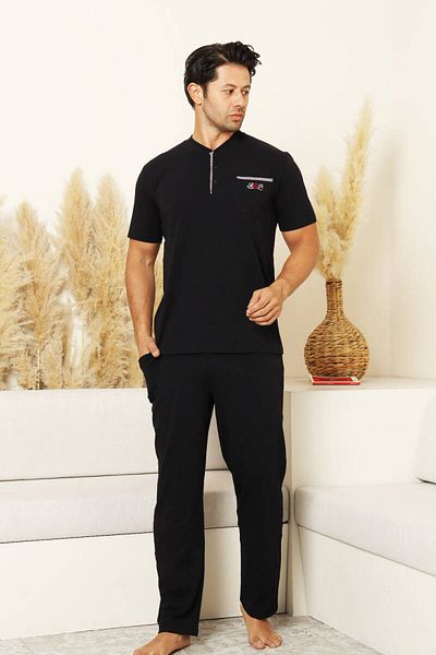 ALİMER Men's Pajama Set - Black Crest Embroidered Lycra Short Sleeve Combed Cotton 1194Ky