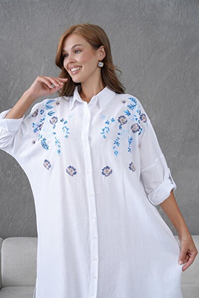 BURRASCA تونيك كتان كبير الحجم مطرز بالتطريز