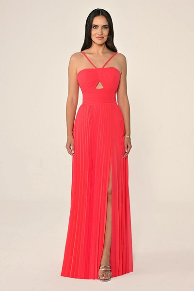 ALFABETA Women's Long Length Pleated Halter Neckline with Drawstring Fuchsia Evening & Homecoming Dress Ab7135-A.Fuşy