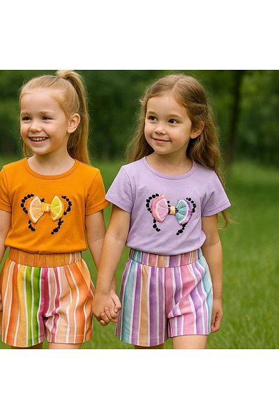 DECO Girls' Bow T-Shirt and Colorful Striped Shorts Set