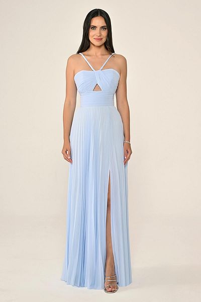 ALFABETA Women's Long Length Pleated Halter Neckline with Drawstring Blue Evening & Homecoming Dress Ab7135-Blue
