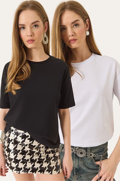 Bianco Lucci Women's 100% Organic Cotton Relaxed Fit Slit Round Neck Double T-Shirt 60602058