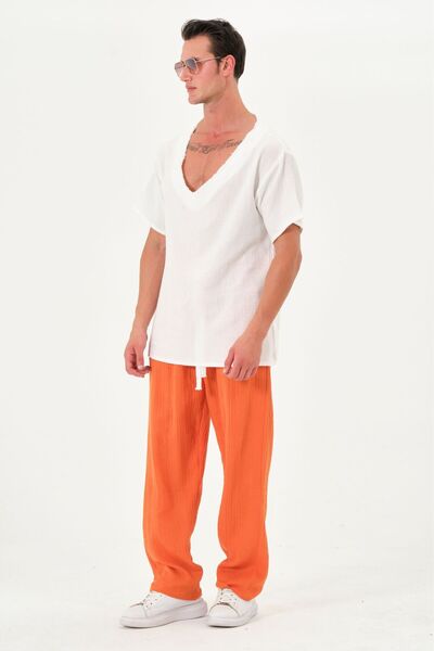 RELAXL 100% Cotton Loose Fit Dirty Stitching V-Neck Ecru Muslin T-Shirt Yoga Meditation