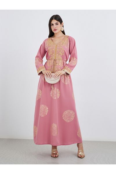 Styli Foil Print V Neck Jalabiya with Embroidery and Lace Detail