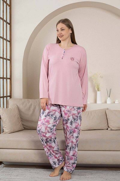 ALİMER Plus Size Pajamas Set - Dried Rose Flower Pattern Long Sleeve Lycra Combed Cotton 2859Uyb