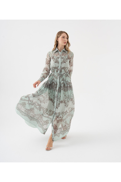 SERPİL Desen Bloklu Gömlek Yaka Kuşaklı Uzun Elbise
