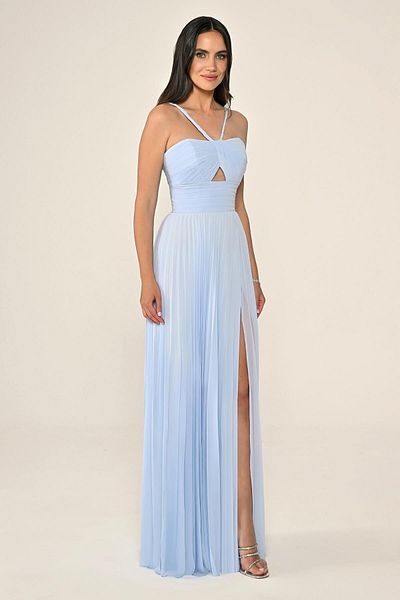 ALFABETA Women's Long Length Pleated Halter Neckline with Drawstring Blue Evening & Homecoming Dress Ab7135-Blue