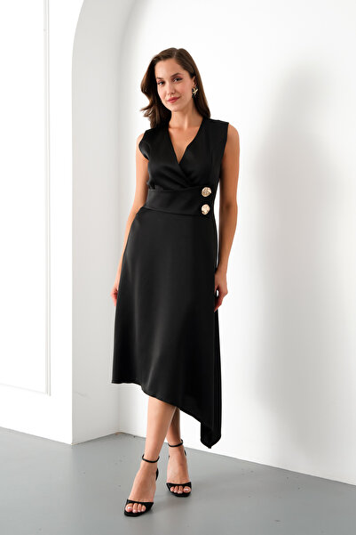 Lafaba Kadın Siyah Kemer Detay Saten Midi Elbise