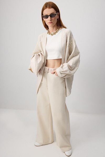 Touché Privé Oversize Kimono with Pearl Details and Linen Texture