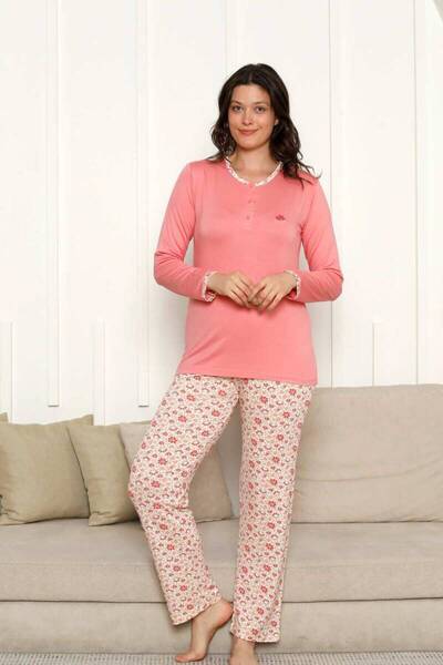 ALİMER Set pijamale - model flori somon cu maneca lunga lycra viscoza 2846UY