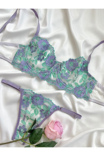 kiari Σετ εσωρούχων με πράσινο λιλά μοτίβο λουλουδιών χωρίς καπάκι με επένδυση από εσώρουχα με κορδόνια