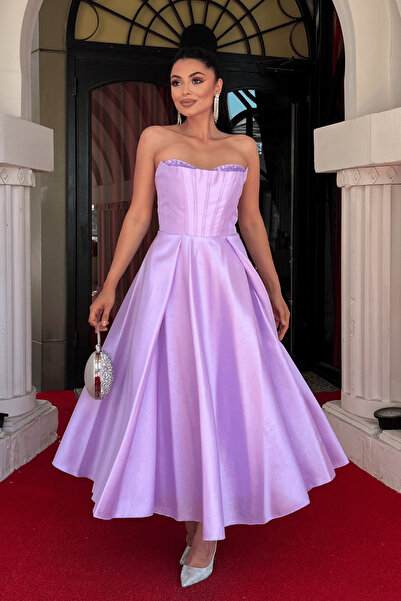 giyimmasalı Taffeta Satin Fabric Strapless Midi Dress - Lila