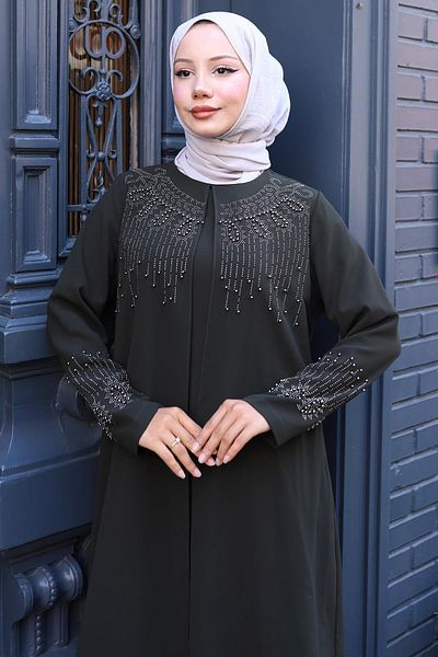 hafsamina Μεγάλο μέγεθος Mother's Dress με χάντρες και πέτρες Χακί HM2769