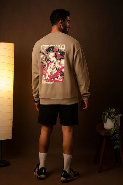 By Caspita Fashion Lenithra Demon Slayer Nezuko Kamado Anime με στάμπα Unisex Oversize μπεζ φούτερ