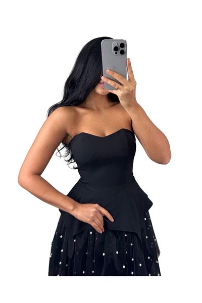 LOST CITIY Rochie neagră tip corset cu perle