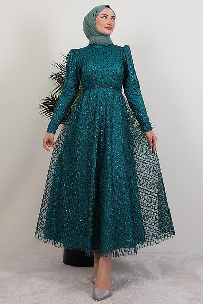GİYZAMİLA Eva Glitter Hijab Dress Dark Oil