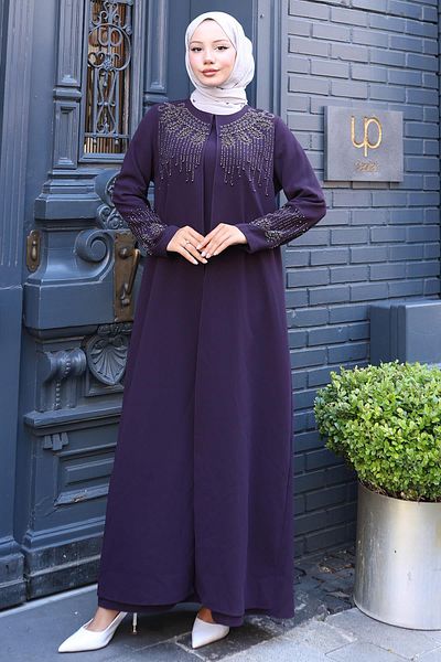 hafsamina Plus Size Mother Dress with Beads and Stones Plum Hm2769