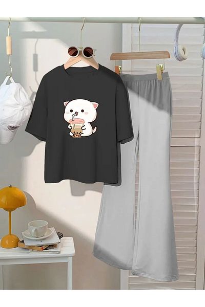 Machetta Children's Cat Printed T-Shirt Spanish Leg Tracksuit Set